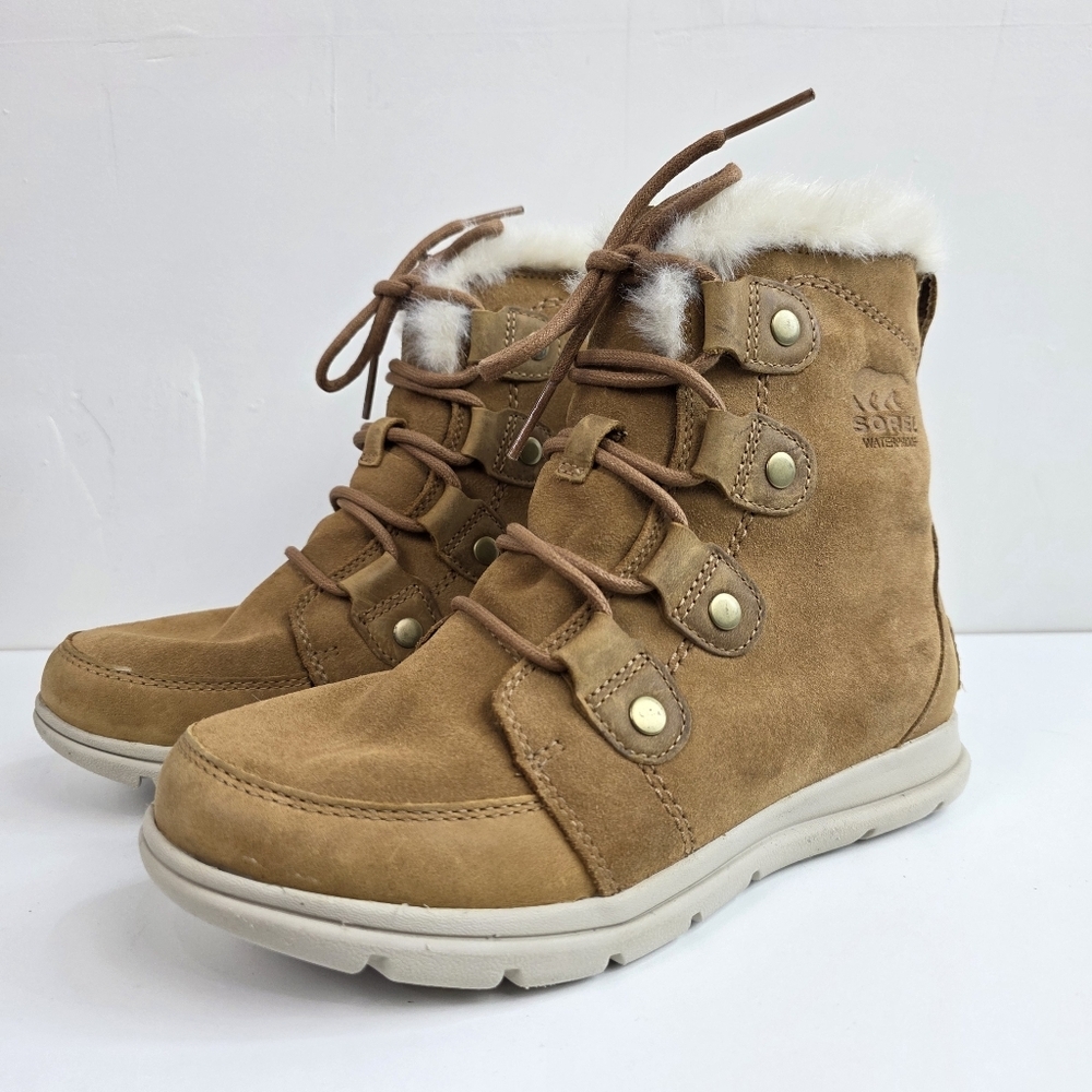 Sorel Explorer Joan Women's Brown Winter Boots with White Fur, Size 6.5